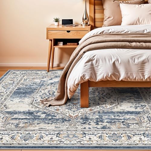 7x7 Area Rug Washable Living Room Rugs: 7ft Square Ultra Thin Soft Oriental Area Rugs Non-Slip Backing Farmhouse Rug Low Pile Thin Stain Resistant Indoor Carpets, 7' x 7' Blue - Image 4