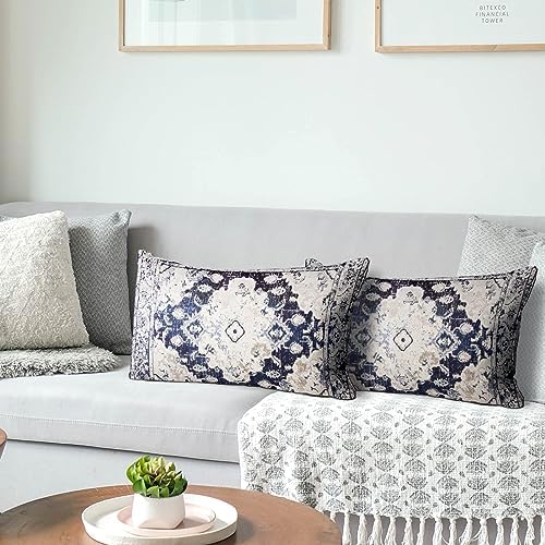 Snycler Boho Throw Pillow Covers 12x20 inch Set of 2 Boho Rug Carpet Double Sided Pattern Cotton Soft Pillow Case Cushion Cover Pillowcase for Couch Sofa Bed Decorative (Navy Blue) - Image 4