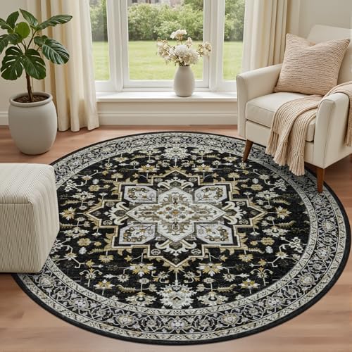 Round Area Rug for Living Room: 8ft Boho Washable Rug Black Gold - Image 2
