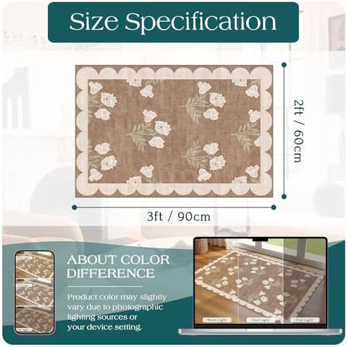 Front Door Mat Outside Entrance - 2x3 Floral Non-Slip Washable Doormat Indoor Outdoor Mat Tan Neutral Farmhouse Scalloped Entry Rug Small Throw Rugs for Entryway Kitchen Front Porch Decor - Image 2