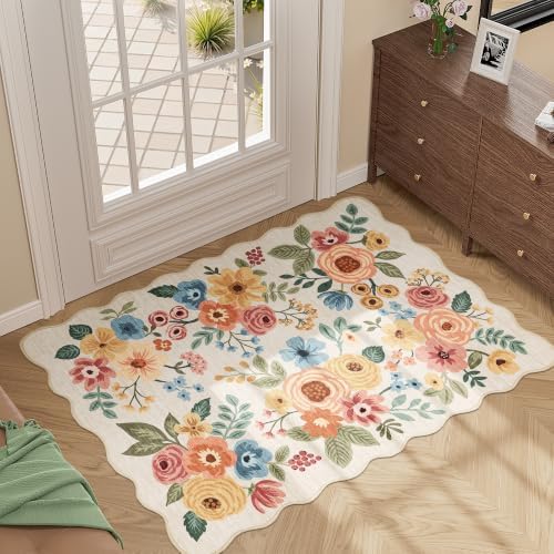 DUKINO 2x3 Rug for Entryway, Floral Door Mat Washable Rug, Beige Yellow - Image 3