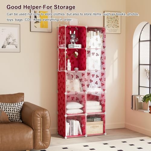 C&AHOME Clover Embossed 10-Cube Storage Organizer with Door Cube Shelf Red - Image 6