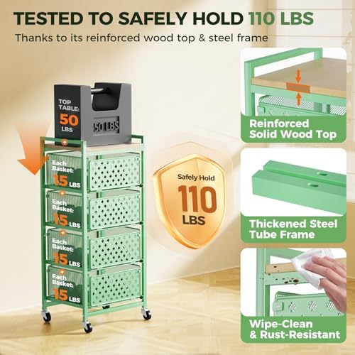 5 Tier Kitchen Storage Cart with Wheels, Utility Fruit Vegetable Storage Rack Stand with Pull-Out Baskets & Wood Top, Metal 4-Drawers Rolling Snack Cart, Kitchen Cart for Potato Onion(Green) - Image 2
