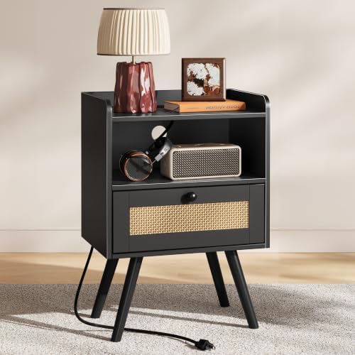 SUPERJARE Nightstand with Charging Station & Rattan-Like Decor Drawer，Black by SUPERJARE