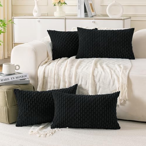 Set of 4 Black Decorative Throw Pillow Covers 12x20 Inch Corduroy Pillow Covers for Bed Couch Sofa Living Room Soft Cushion Cases by Cozoomy