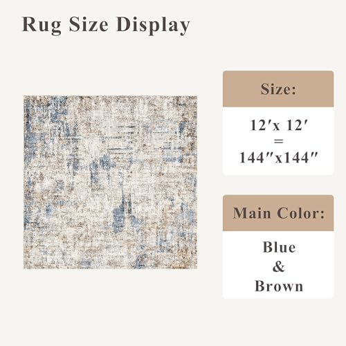 12x12ft Square Living Room Rug – Non-Slip Washable Extra Large Floor Carpet for Bedroom, Dining Room, Playroom Room – Modern Abstract Neutral Thin Low-Pile Oversized Indoor Rug (Blue Brown) - Image 2