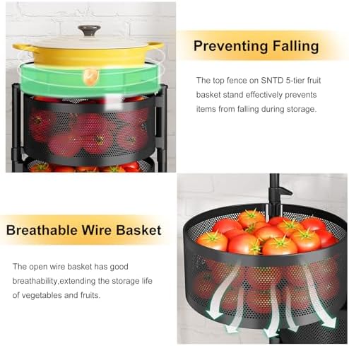 SNTD 5-Tier Fruit and Vegetable Basket Bowls for Kitchen, Rotating, Black - Image 3