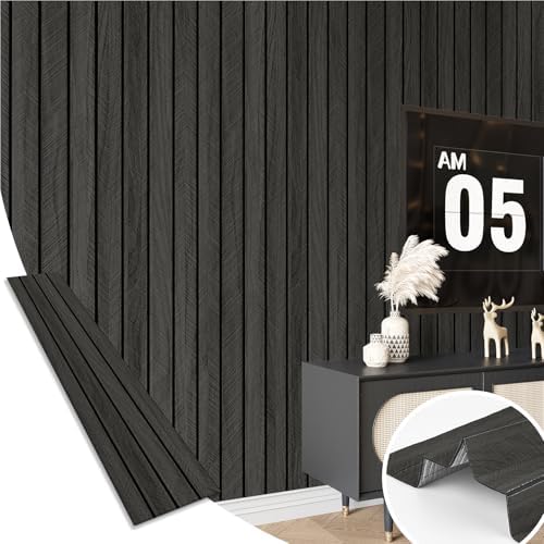 Wood Slat Shiplap Wall Panel Grey Black 3D Wood Panels for Wall | Removable Peel and Stick Wallpaper Acoustic Wooden Slat Wallpaper for Bedroom Cabinet Backsplash TV Background Ceiling Decor by Wallderful