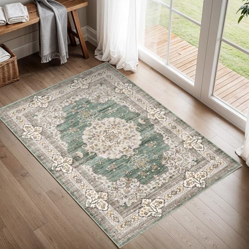 2x3 Area Rug Washable Vintage: Non Slip Door Mat for Entryway Green/Beige - Image 2