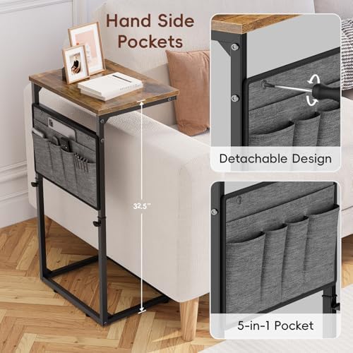 Vagusicc C Shaped End Table, Set of 2 Tall Side Table for Couch, Adjustable Height Small Couch Side Table for Small Spaces, End Table Slide Under Sofa Table TV Tray Arm Table for Living Room, Brown - Image 4