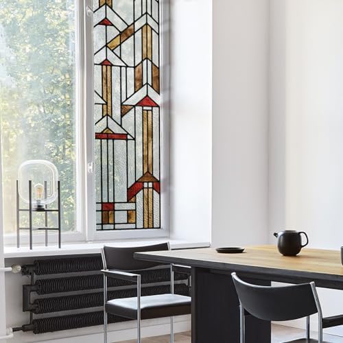 Faux Stained Glass Effect Window Privacy Film, Original Hand Drawn Static Cling Texture Sticker Inspired by Frank Lloyd Wright, 16.93" x84.65" Hollyhock House, Boho by Flortlias