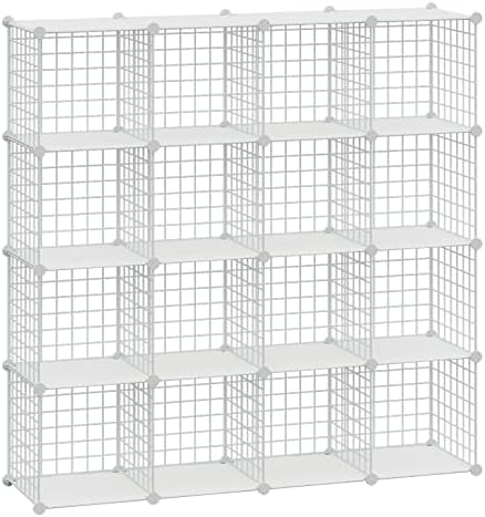 HUBSON Wire Cube Storage Organizer, Book/Toy/Craft/Potted Plants and Pet Closet Organizers, 16-Cube Freely Combinable Metal Grid Storage Shelves, White Plus Iron by HUBSON