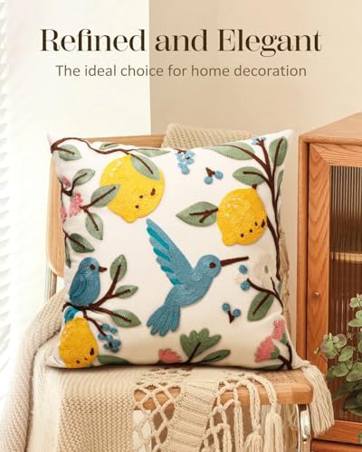 Embroidered Throw Pillow Cover 18x18 Inch, Bird Lemon - Image 5
