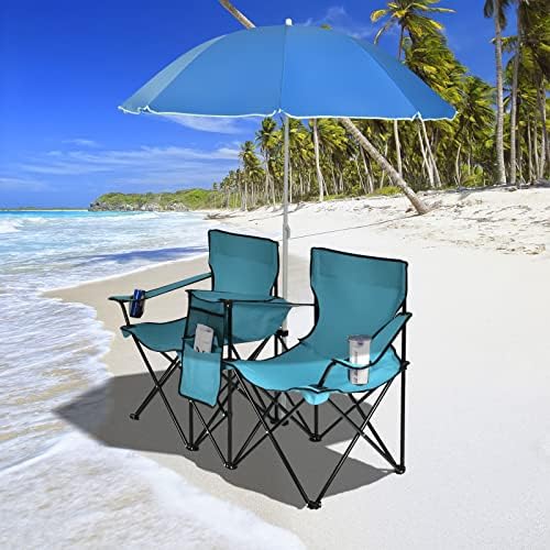 ARLIME Double Folding Beach Chairs with Umbrella, Outdoor Picnic Portable Loveseat Chairs with Removable Umbrella & Mini Table Carrying Bag, Camping Chair for Patio, Pool, Park (Turquoise) by ArlimeDirect
