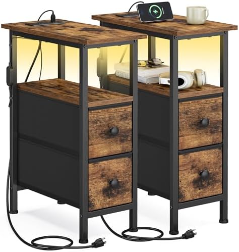 SONGMICS Side Table with LED Light, Narrow End Table with 2 Fabric Drawers by SONGMICSbySONGMICSHOME