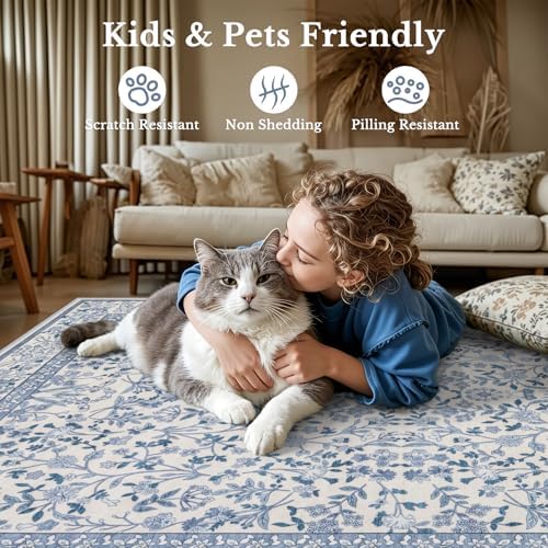 Area Rug 9x12 Living Room: Soft Floral Washable Boho Carpet Blue - Image 6