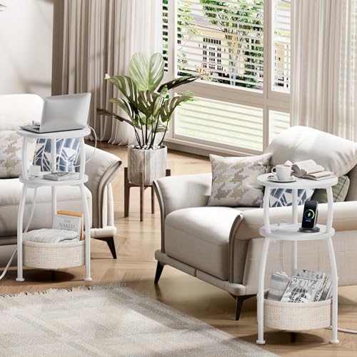 Side Table with Charging Station, Small Round End Table with Basket - Image 7