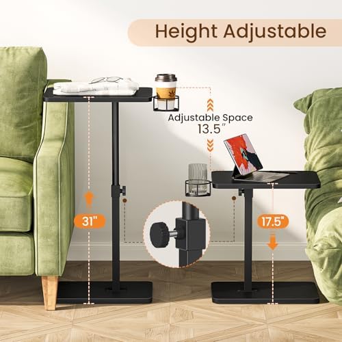 Giikin Side Table, 360 Swivel & Height Adjustable TV Trays for Eating on Couch, Sofa Armrest TV Tray Table with Cup Holder for Small Spaces, C-Shaped, Black, 11.8" D x 15.8" W x 31" H - Image 4