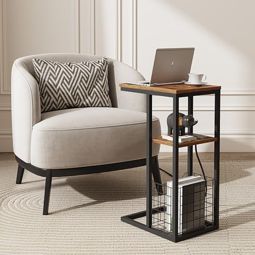 Vagusicc C Shaped End Table with Charging Station, Side Table for Couch, Small Side End Table for Small Spaces, 28" High Slide Under Sofa Table for Coffee, Tv Tray Table for Living Room, Rustic Brown - Image 7