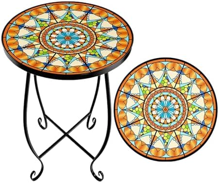 Small Mosaic Outdoor Side Table, 14-Inch Round Metal Patio Table by Unknown