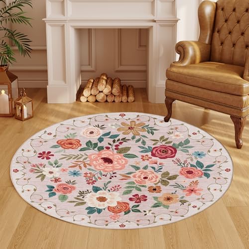 DUKINO 4ft Round Rug, Floral Washable Small Round Area Rug Non Slip, Beige - Image 4