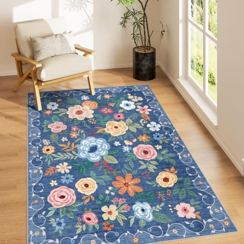 DUKINO 4x6 Area Rug, Floral Washable Rug Non Slip Office Chair Mat, Blue by DUKINO