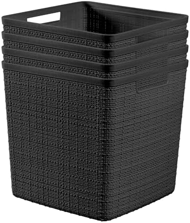Curver Set of 4 Large Cube 17L Jute Decorative Plastic Organization and Storage Baskets - Perfect Bins for Home Office, Closet Shelves, Kitchen Pantry and All Bedroom Essentials, Black by Unknown