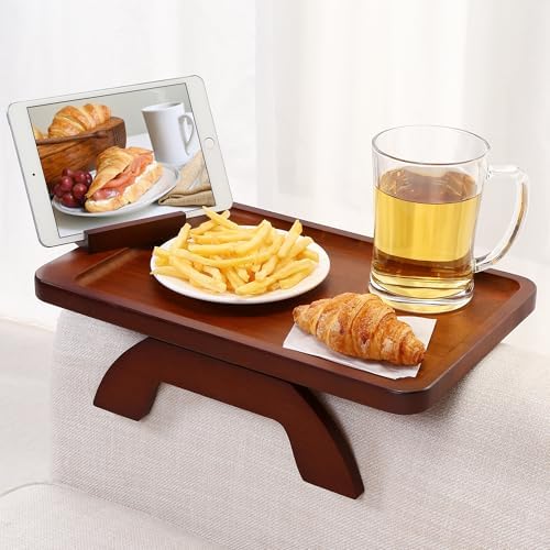 SINWANT Couch Arm Tray with 360° Rotating Phone Holder,Bamboo 15.35"x9.85" Folding Wide Sofa Arm Tray,Anti Slip Clip on Side Table Couch Armrest for Snacks,Drinks,Remotes by SINWANT