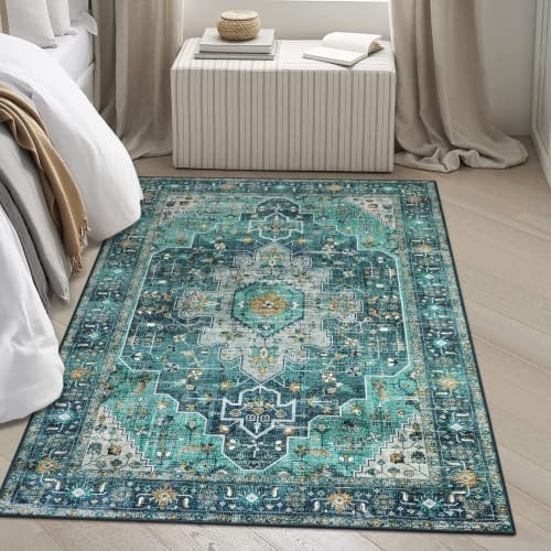 Moynesa Ultra-Thin Washable Area Rug - 4x6 Teal Living Room Rug Oriental Rugs for Bedroom, Non Slip Non Shedding Low Pile Entryway Carpet for Bedroom Dressing Room Office - Image 7