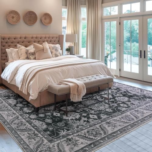 Hanples 5x7 Area Rugs for Living Room, Washable Rug Vintage Floral, Gray - Image 4