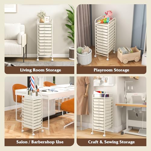 10-Drawer Rolling Storage Cart, Trolley w/Lockable 360° Wheels, 10 Removable PP Drawers, Sturdy Metal Frame, Rolling Utility Cart Perfect for Home, Office, Classroom (Ivory) - Image 6