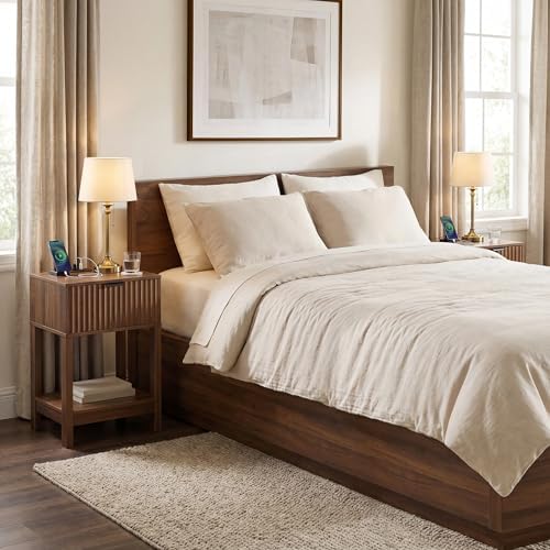 Nasonet Night Stand Set 2, Fluted Nightstand with Charging Station, Wood Bedside Table with Drawer & Storage Shelf, Modern End Tables for Bedroom Sofa Couch Office, Walnut - Image 5