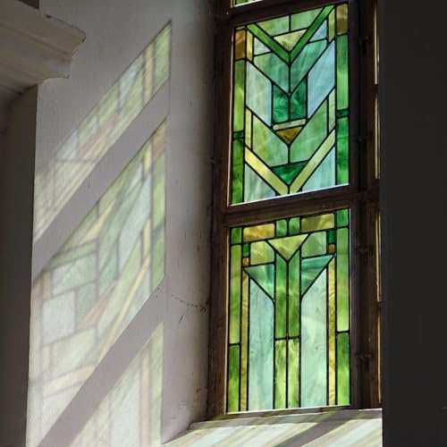 Faux Stained Glass Effect Transparent Window Film, Original Hand Drawn Static Cling Home Decal Inspired by Frank Lloyd Wright, 16.93" x84.65" Martin House, Green by Flortlias