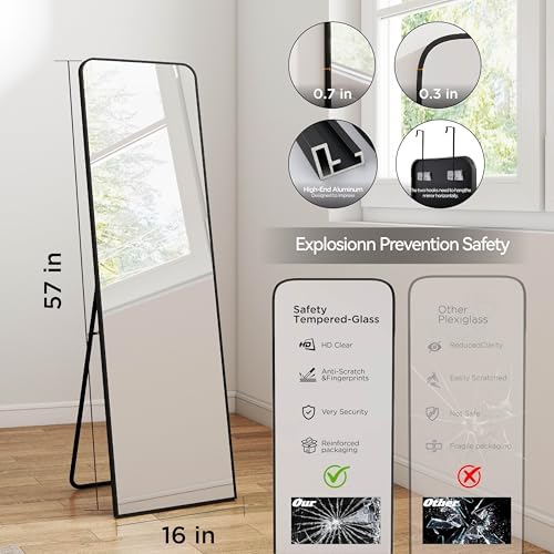 57x16" Full Length Mirror Floor Stand,Over the Door,Wall Mounted Black - Image 4