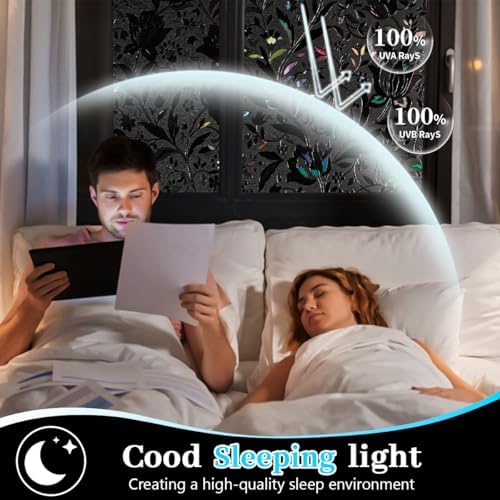 Bloss Window Film, Window Privacy Film Frosted, Vinyl Glass Covering, Stained Glass Decorative Film, Static Window Clings, Non-Adhesive (Black/Tulip, 17.7" x 78.7") - Image 3