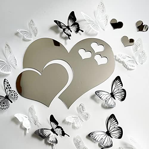 3D Crystal Butterfly and Acrylic Mirror Hearts Wall Stickers with Adhesive Art Decal Satin Paper Baby Kids Bedroom Home DIY Decor Removable Stickers (36 Butterfly and Silver Heart) - Image 4