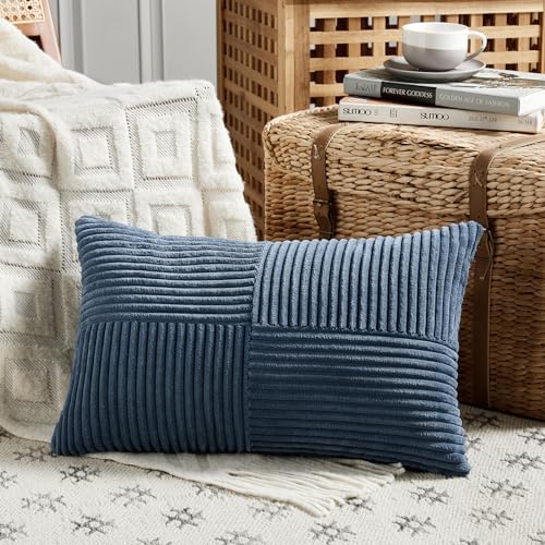 Fancy Homi 2 Packs Dusty Blue Lumbar Decorative Throw Pillow Covers 16x32 Inch for Couch Bed Sofa, Rustic Farmhouse Boho Home Decor, Soft Striped Corduroy Rectangle Accent Cushion Case 40x80 cm - Image 2