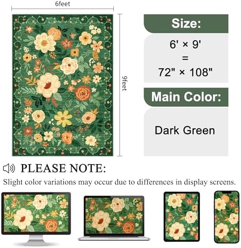 DUKINO 6x9 Area Rugs, Floral Washable Rug for Bedroom Non Slip, Dark Green - Image 2