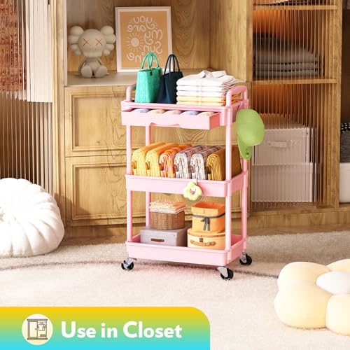 SUNALLY Makeup Cart Organizer with Drawer, 3 Tier Rolling Makeup Cart, Pink - Image 6