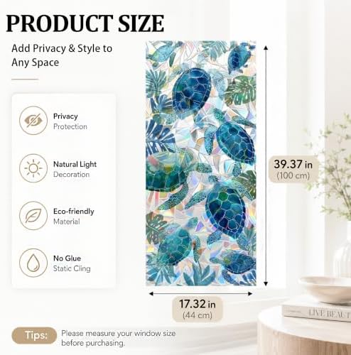 Window Privacy Film 17x 39in Static Cling Window Film Sea Turtle Tropical Leaf Ocean Stained Glass Pattern Light Filtering Nautical Covering Summer Removable for Bathroom Living Room Bedroom - Image 2