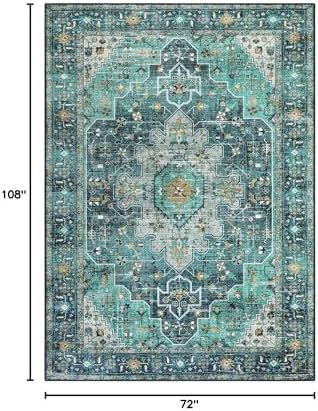 Moynesa Ultra-Thin Washable Vintage Area Rug - 6x9 Teal Large Dining Room Rug for Bedroom, Non-Shed Living Room Mat, Indoor Oriental Medallion Hardwood Floor Carpet for Office Home Decor - Image 2