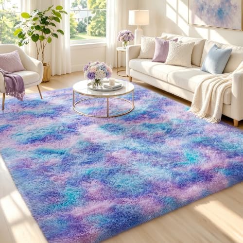Ophanie Rainbow Purple Rug for Bedroom Girls,Unicorn Colorful Mermaid Fluffy Soft Cute Fuzzy Area Rugs,Shag Plush Shaggy 4x6 Furry Carpet for Kids Baby Teen Dorm Decor with Over 99 pcs Pile fibers by Ophanie