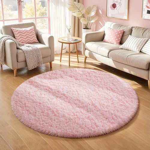 Ophanie Pink Round Rug for Bedroom Girls, Kids Fluffy Kawaii Fuzzy Shag Circle Circular Area Rugs, Cute Plush Small Carpet 4Ft 4 Foot, for Baby Home Living Room Decor Aesthetic with 99 pcs Pile fibers by Ophanie