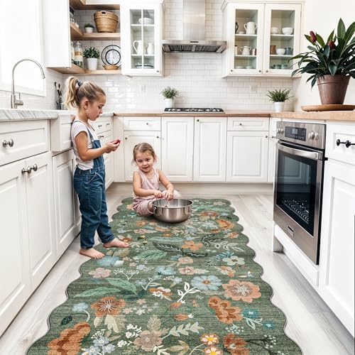 4x8 Washable Area Rug for Family: Stain Resistant Wide Floral Scalloped Kitchen Rug Soft Carpet for Entryway Bathroom Bedroom Farmhouse Living Room Floor Mat with Non Slip Backing(4x8, Floral/Green) - Image 5