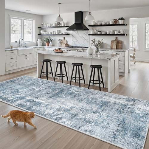 Soalmost Abstract Runner Rug 3x8 Hallway Kitchen Rugs Non-Slip, Blue/Grey by Soalmost
