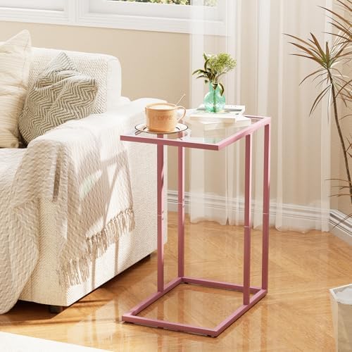 C Shaped End Table, Side End Tables for Living Room,Glass Sofa Couch Table with Metal Frame, Small Tv Tray Snack Dinner Table for Bedroom, Small Spaces, Easy Assembly (Pink) - Image 2