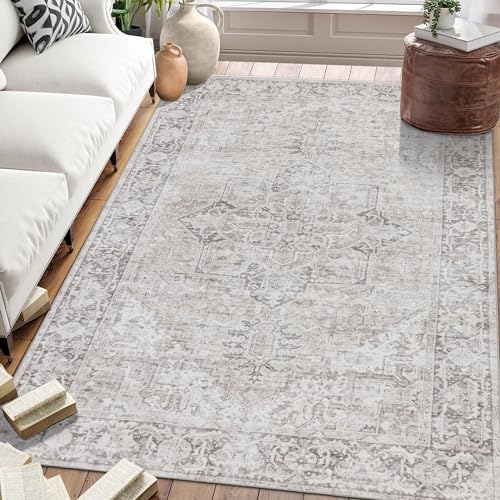 ReaLife Rugs Machine Washable Area Rug Runner - Living Room Bedroom Bathroom Kitchen Entryway Office - Padded Low Pile Stain Resistant Premium - Boho Farmhouse Vintage - Lyle - Beige Ivory 3' x 5' by ReaLifeRugs