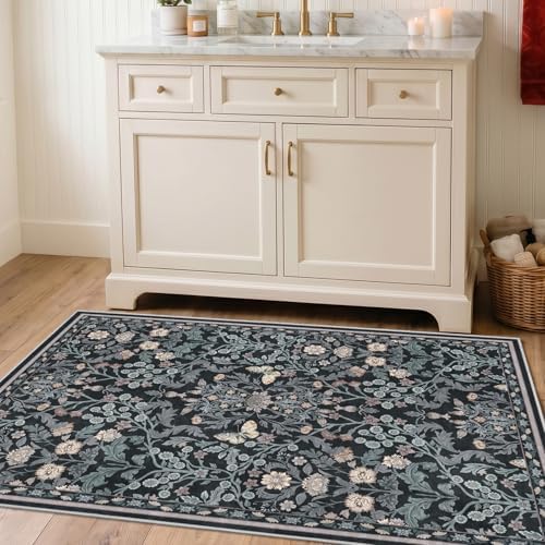 Puino 3x4 Washable Area Rug - Non Slip Vintage Throw Rugs Floral Dark Blue - Image 5