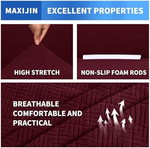 MAXIJIN Loveseat Cover Sofa Covers (55"-69"), 1-Piece Stretch Couch Covers for 2 Cushion Couch Love Seat Slipcover with Elastic Bottom for Kids,Dog (Loveseat, Diamond Pattern Wine Red) - Image 4