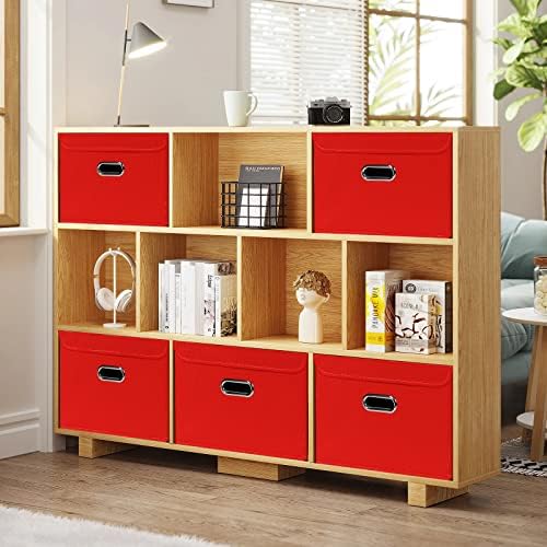 Linen Fabric Foldable Collapsible Storage Cube Bin Organizer Basket Fabric Storage Bins with Lid, Leather Handles, Removable Divider for Home, Closet, Red 3Pcs - Image 5